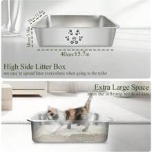 Stainless Steel Cat Litter Box High Side Cats Toilet Metal Kitten Litter Pan, Pet Cleaning Tool For Big And Small Cats, Rabbits, Splash-Proof And Non-Stick Cat Poop Box Odorless 23.6"X15.7"X7.9" - 可愛貼紙 - 查看 6