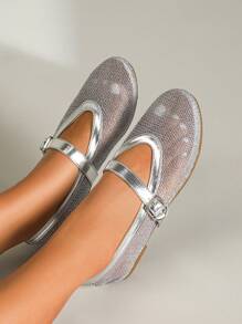 女士银色网布闪光编织透气平底凉鞋，法式玛丽珍软底鞋，适合夏季海滩和户外穿着