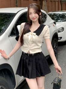 Cute Color Contrast Bow Collar Cardigan Knitted Sweater Top For Women, Summer