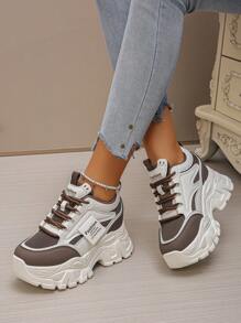 2025 Spring Women's Hidden Heel Chunky Sneakers, Lace-Up Breathable Mesh Casual Platform Shoes For Petite