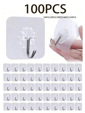 100 个/包隐形粘合挂钩，透明墙钩，无痕挂钩，用于挂钥匙、毛巾，防水防锈，适用于衣服、帽子、鞋子、配饰、厨房用具、包包、厨房、浴室、客厅、卧室、壁挂