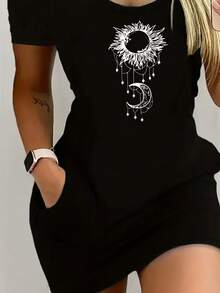 Sun And Moon Pattern Women's Sexy Dress - Black - View 2