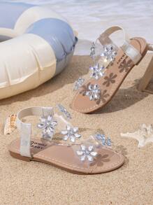Girls' Sandals With Butterfly Decor, Round Toe Flat Open Toe Princess Roman Shoes, Suitable For Outdoor Walking, Beach Travel, Summer