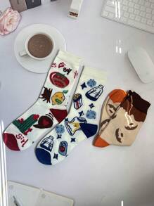 3 双男女通用番茄、甜甜圈、苏打印花趣味创意柔软中筒袜，春夏 - 彩色 - 查看 7