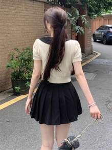 Cute Color Contrast Bow Collar Cardigan Knitted Sweater Top For Women, Summer