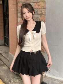 Cute Color Contrast Bow Collar Cardigan Knitted Sweater Top For Women, Summer