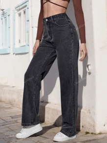 Pantalones vaqueros rectos de unicolor casuales para mujer, Jeans de mezclilla rectos y sueltos con bolsillos para mujer, Vaqueros negros rectos y holgados