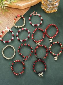 12pcs Set Kentucky Race Horse Glass Bead & Unicorn Derby Horseshoe Elastic Bracelet For Women