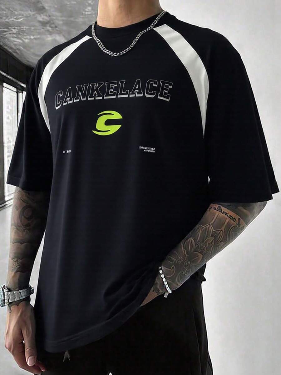 Men's Casual Colorblock Striped Round Neck Short Sleeve T-Shirt With Street Style Letter Graphic, Spring/Summer - Multicolor - View 1