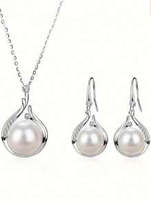 3 件 S925 纯银方晶锆石珍珠项链首饰套装，优雅珍珠和方晶锆石项链及耳环套装，复古性感风格，完美的情人节礼物 - 珍珠 - 查看 3