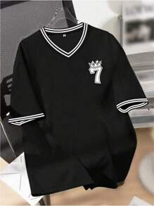 Men's Lucky Number 7 Pattern Casual Daily Wear Contrast Rib Trim V-Neck Loose Short Sleeve T-Shirt - Black - View 4