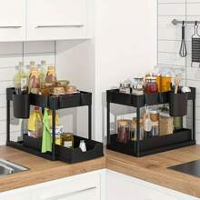 1pc 2-Tier Pull-Out Storage Organizer - Large Capacity Drawers, Under Sink Organizer, Cabinet Storage, Kitchen Shelf, Space Saving, Expandable Design, Easy To Clean, Bathroom/Kitchen/Laundry Room, Neat Home, Color: White, Material: Plastic