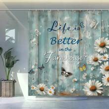 72" Original Design Light Blue Woodgrain Daisy Farmhouse Waterproof Shower Curtain With 12 Hooks Room Decor Bathroom Accessories Back To School