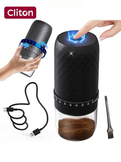 CLITON Przenośny młynek do kawy z żarnami stożkowymi, mały bezprzewodowy elektryczny młynek do żaren, 40 regulowanych ustawień mielenia, akumulatorowy młynek do kawy do espresso, cold brew, pour over, french press, akumulatorowe młynki do kawy do użytku domowego, młynek do kawy do podróży - czarny