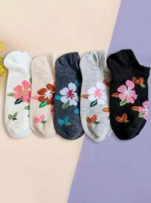 5 pares de calcetines invisibles finos con estampado floral para mujer, calcetines de corte bajo transpirables para damas