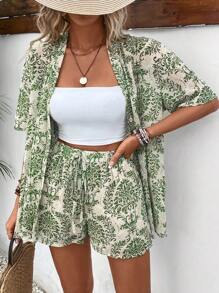 Women's Short Sleeve Shirt And Elastic Waist A-Line Shorts Casual Resort Floral Print Outfit Summer Outfit