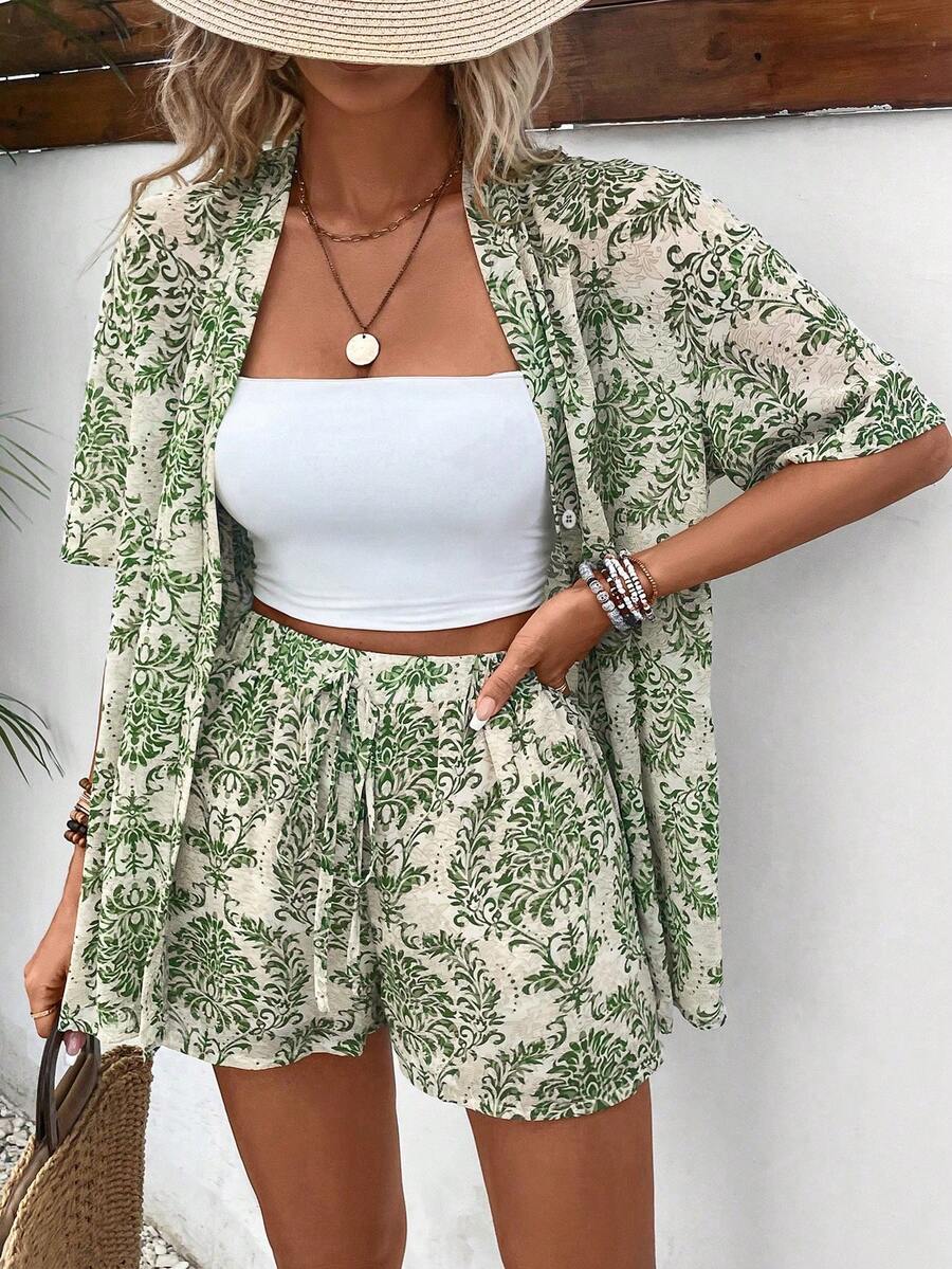 Women's Short Sleeve Shirt And Elastic Waist A-Line Shorts Casual Resort Floral Print Outfit Summer Outfit