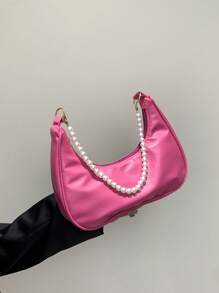 Bolso de hombro con cadena de perlas en forma de media luna con estilo, bolso baguette de hombro con estilo, bolso pequeño de mano, bolso casual para exteriores, bolso versátil para transporte