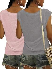 2pcs V-Neck Solid Color T-Shirts, Casual Short Sleeve Tee, Women