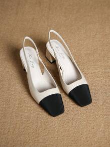 Xin Jing Shoes 2025秋冬新款女士时尚高跟鞋，双色方头粗跟露跟高跟鞋，优雅 - 米色 - 查看 4