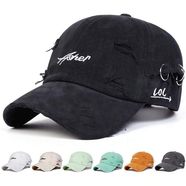 AR 1pc Men's Iron Ring Baseball Cap, Distressed Embroidery Sports Hat, Adjustable Outdoor Sun Protective Casual Cap, Suitable For Spring/Autumn Trips, Travel, Beach, Party