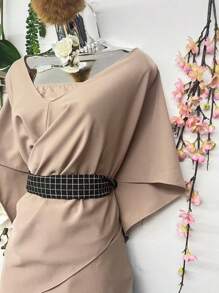 T090 XENA Women's Blouse With Bat Sleeve Cape Top, Dropped Shoulder Crepe Dune Neckline, With Underwear - 卡其色 - 查看 8