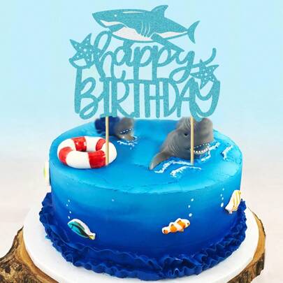 1 件天蓝色鲨鱼生日快乐蛋糕装饰，鲨鱼主题蛋糕装饰 - 闪光海洋动物/海洋主题蛋糕装饰 - 鲨鱼生日蛋糕装饰 - 生日派对用品