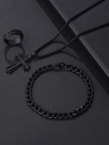 Conjunto de 3 piezas con collar, pulsera y anillo con cruz de estilo gótico