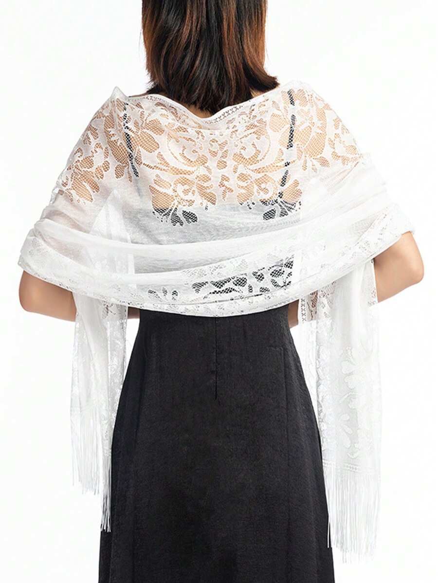 1pc Hollow Out Tassel Lace Scarf Shawl Beach Wrap For Dress - White - View 1