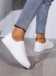 Plus Size Women White Athletic Sneakers, Fashion White Outdoor Sports Shoes, Comfortable Flat Lace-Up Casual Shoes With Rhombus Pattern Design (Size Runs Small, Suggest Ordering One Size Up) - White - View 6