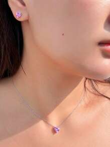 1 Set 5A Grade Cubic Zirconia 925 Sterling Silver Classic Heart Shaped Pink Pendant Necklace And Earrings, Engagement, Daily Party Jewelry Sets For Women, Anniversary Holiday Gifts