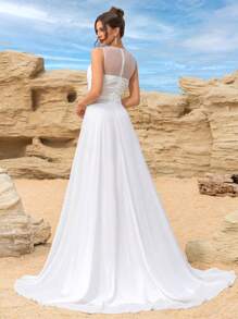 Vestido de Noiva com Estampa de Tule Elegante e Simples, Com Recorte Frontal, Plissado e Zíper Nas Costas