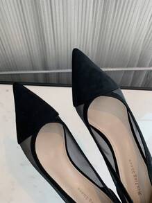 Xin Jing Shoes Fall/Winter Mesh Insert Point Toe Stiletto Heeled Court Pumps, Black Elegant Solid Color High Heel Shoes For Women, Elegant, Kitten Heels