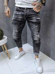 Men's Slim Fit Distressed Denim Jeans - Grey - View 1
