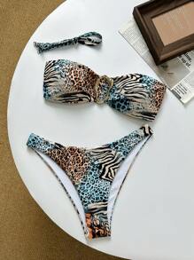 2pcs Sexy Leopard Floral Print Unique Bikini Set Swimwear, Women Separate Swimwear, For Summer Beach Vacation - Multicolor - View 1