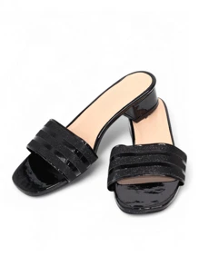 Damen Mode Glitzer Niedriger Absatz Abend Party Slides - Schwarz - Übersicht 3