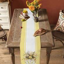 1Pc Table Runner For Kitchen Dinner Holiday Birthday Wedding Party Decor, Spring Flower Arrangement Stripes Yellow Washable Seasonal Table Center Decor Runner