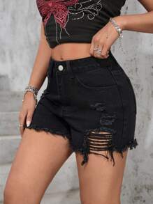 Shorts de mezclilla negros casuales para mujer con detalles desgastados y dobladillo crudo, pierna recta sin estiramiento