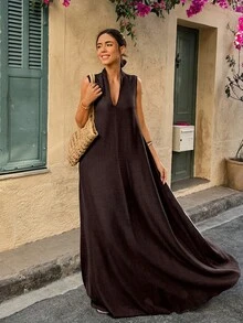 V领A字长裙，简约时尚，适合夏季 - 棕色 - 查看 4