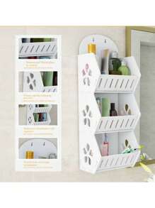 [1pc Wall-Mounted Shelf] 3 Layer PVC Wall-Mounted Bathroom Shelf Punch-Free Bathroom Wall Hanging Storage Racks Bedroom Living Room Bathroom Finishing Storage Shelves White Elegant Dual-Tier No-Drill Wall-Mounted Bathroom Shelf | Storage Organizer For Shower Gel & Cosmetics With Hooks, Bathroom Organizers And Storage - Multicolor - View 8