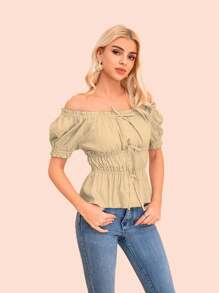 Blusa top lazo frontal lace up con manga corta abombada y bordado. - Beis - Ver 6