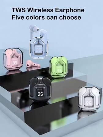 New Transparent Touch Control Low Latency TWS Wireless Earbuds & Charging Case, Suitable For Sports, Office, Gaming, Type-C Charging, 5.3H Playback Semi In-Ear Wireless Earphones With Extended Battery Life