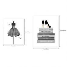 6pc Unframed Fashion Wall Art Prints Silver Grey Room Decor Glitter Black Dress Wall Decor Art Posters Books  Perfume Bottle Bite Lips Eye Shadow MakeupGirls Room Pictures For Bedroom - Mixed Black - View 2