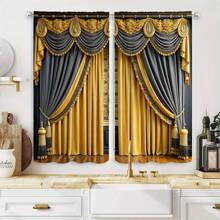 2pcs Black And Gold Palace Style Curtain With Canopy Pattern, Luxury Vintage Decor, Digital Printing Technology, Intricate Floral Design With Delicate Accents. Made Of Polyester, Suitable For Living Room To Showcase Nobility, Bedroom To Create Opulent Ambience, Also Applicable For Study, Hotel, Restaurant And Other Spaces To Elevate Interior