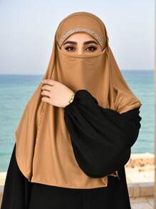 1件装女士纯色马来西亚系带头巾，饰有水晶，多功能头巾，透气柔软舒适，适合各种场合搭配服装 - 馬來燙鑽面罩頭巾 - 查看 17