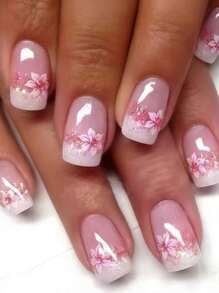 1 Box 24pcs Short Rectangle Middle-East Style Fashion Press-On Nails With Pink Flower Pattern And Glitter Trim, Suitable For Women Party, Festival Occasions And Daily Gathering, Includes 1 Nail File & 1 Jelly Gel Nail Decoration