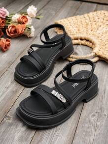 Women's Thick Sole Platform Sandals, Black Beach Sandals, Casual & Versatile Roman Slip-On, Summer