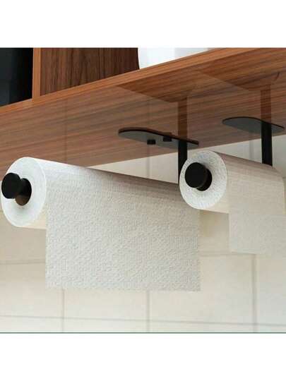 1 PIEZA Estante de papel higiénico negro, montaje en pared sin perforación con adhesivo para fácil instalación, montaje en pared para cocina, soporte de toallas debajo del gabinete, estante de toallas de papel para baño, cocina, despensa, fregadero, balcón, portarrollos, estante de almacenamiento para película transparente/papel de aluminio, autoadhesivo