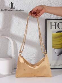 1pc Fashion Solid Color Rivet Embedded Diagonal Crossbody Bag, Elegant & High-End With Luxury Chain, Suitable For Weddings, Parties, Galas, Nightclubs, Gifts, Formal Dress - Gold - View 4