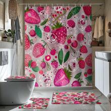 1/4 pièces Ensemble de rideaux de salle de bain à thème fraise et cerise, tapis de salle de bain, tapis de toilette en U, couvercle de siège de toilette, rideau de douche imperméable, rideau de porte/fenêtre de style mode, rideau de cloisonnement de salle de bain moderne, sans besoin de percer des trous, en tissu de polyester, lavable en machine, rentrée des classes